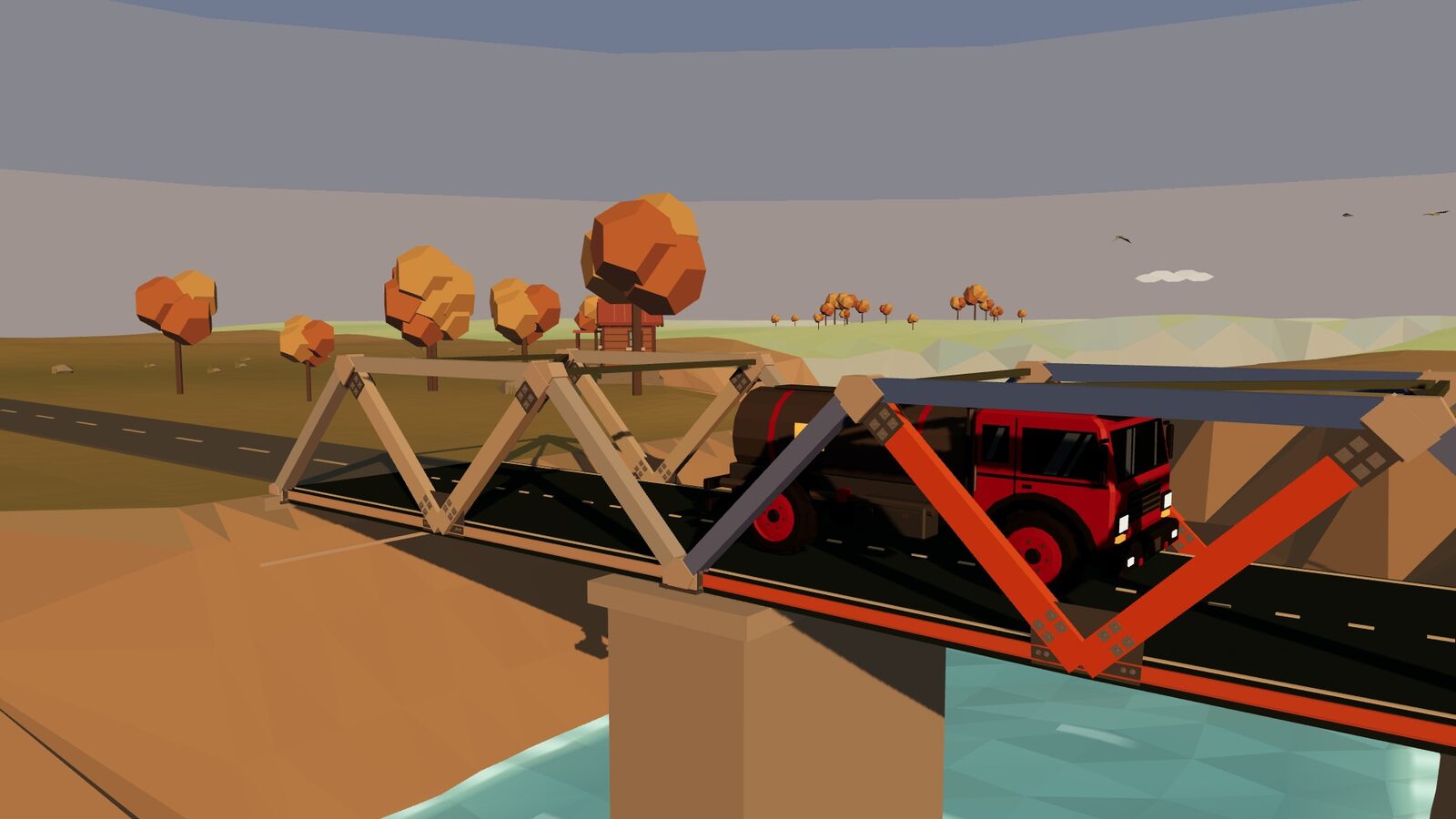 FEAT: a tanker truck crosses a truss bridge at sunset; the overloaded bars glow red.